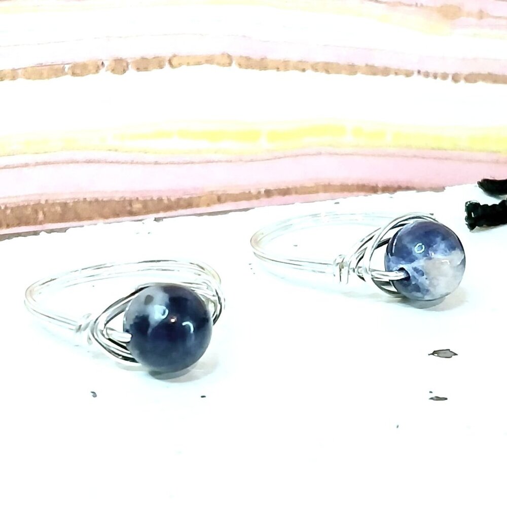Sodalite Gemstone Beaded Wire Ring, Crystal Dainty Chic Cute Silver